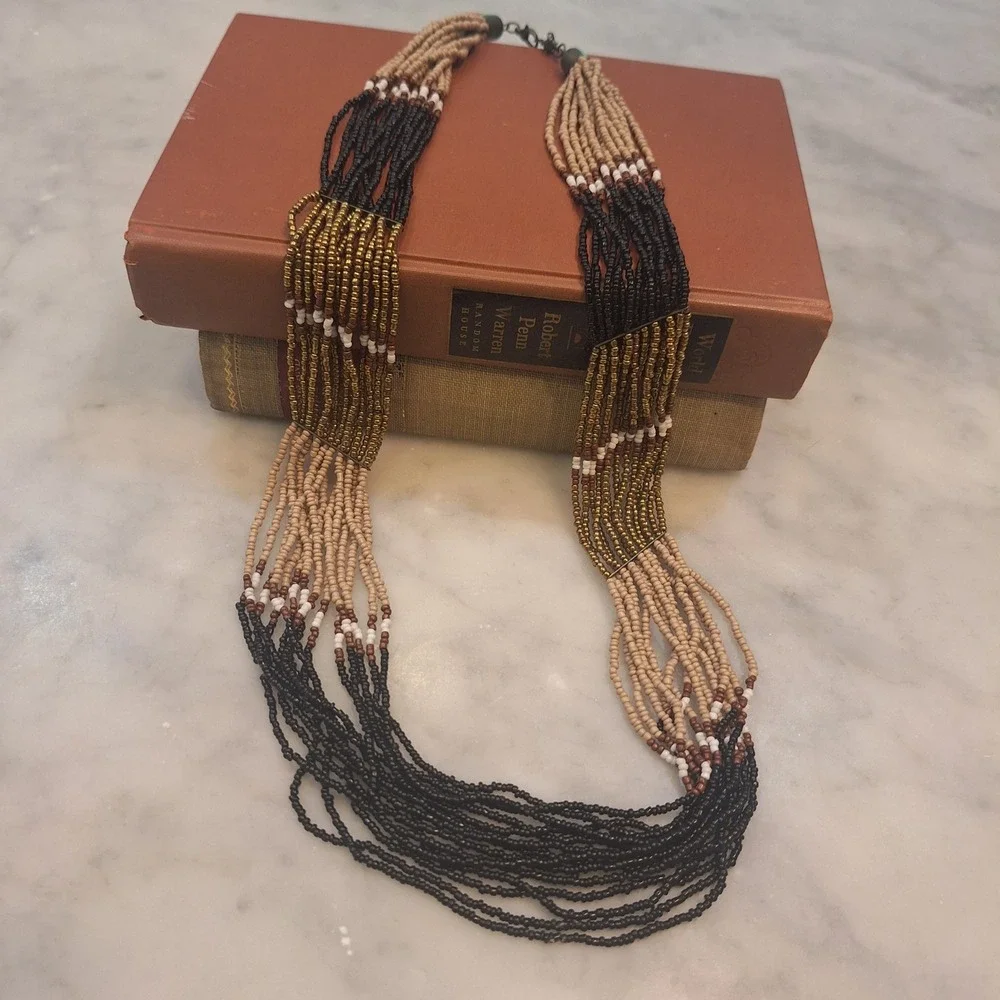 Vintage 90s Multi-Strand Seed Bead Necklace OS Tan Black Gold Boho Statement
